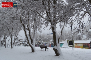 15:36 hs. La Plaza 25 de Mayo con la nevada recién caída