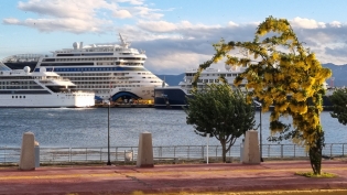 20:35 hs. El crucero Aida Mar se destaca en el muelle