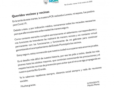 RÃ­o Grande: la esposa del Intendente fue diagnosticada con COVID-19