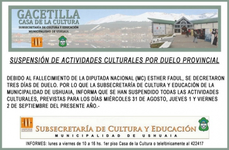 Suspensión de actividades culturales por duelo provincial