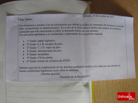 Docentes de la Escuela Nº1 piden elementos de limpieza a los alumnos